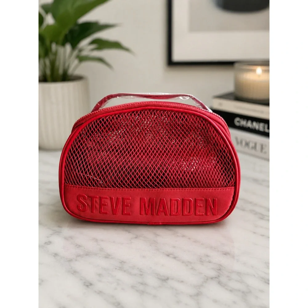Steve Madden Red Soft Traincase Mesh‎ Cosmetic Travel Bag NWT